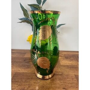 Vintage Emerald Green Glass Vase Gold Enamel Leaves Czech Bohemian Style MCM